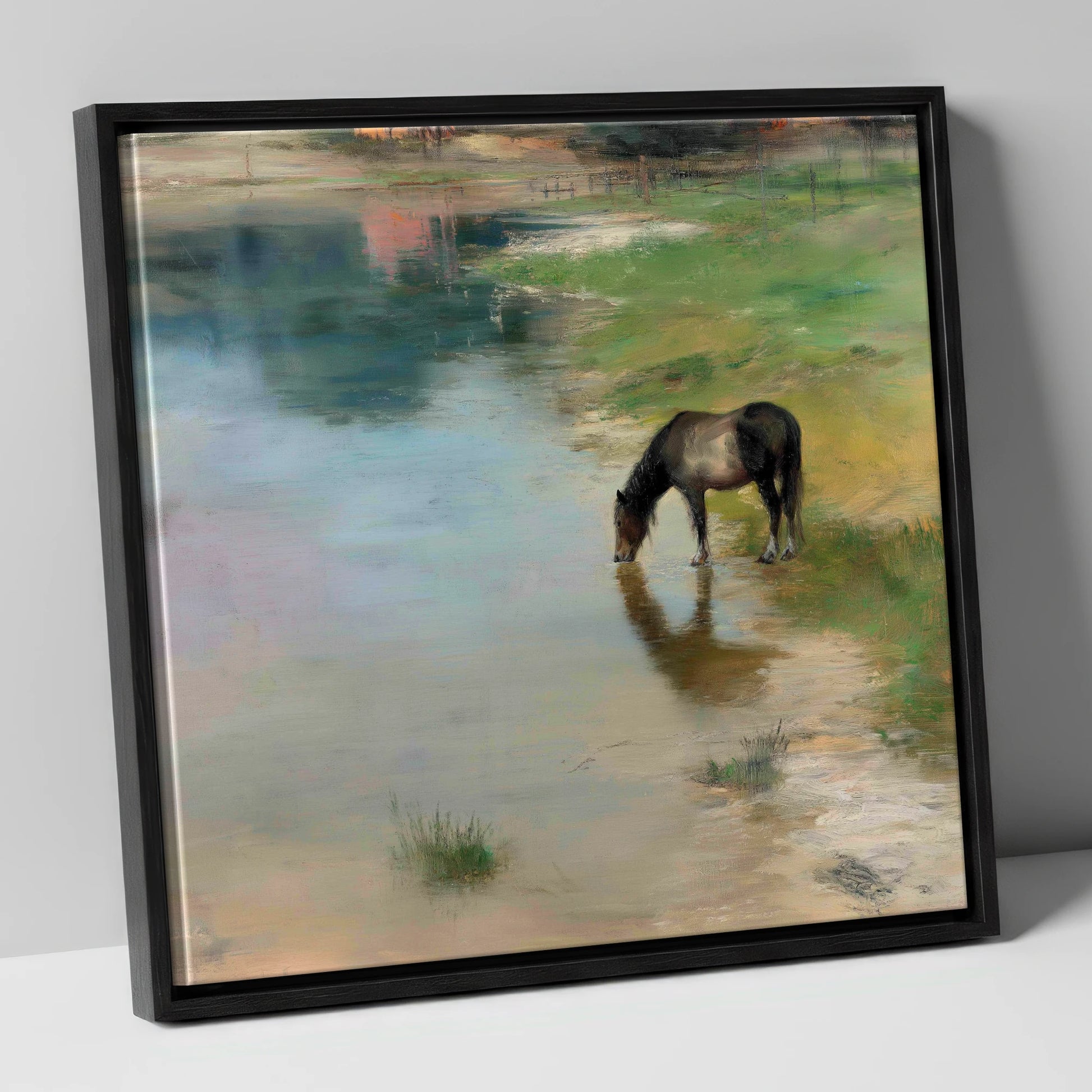 Quiet Waters Edge horse landscape canvas wall art in black frame