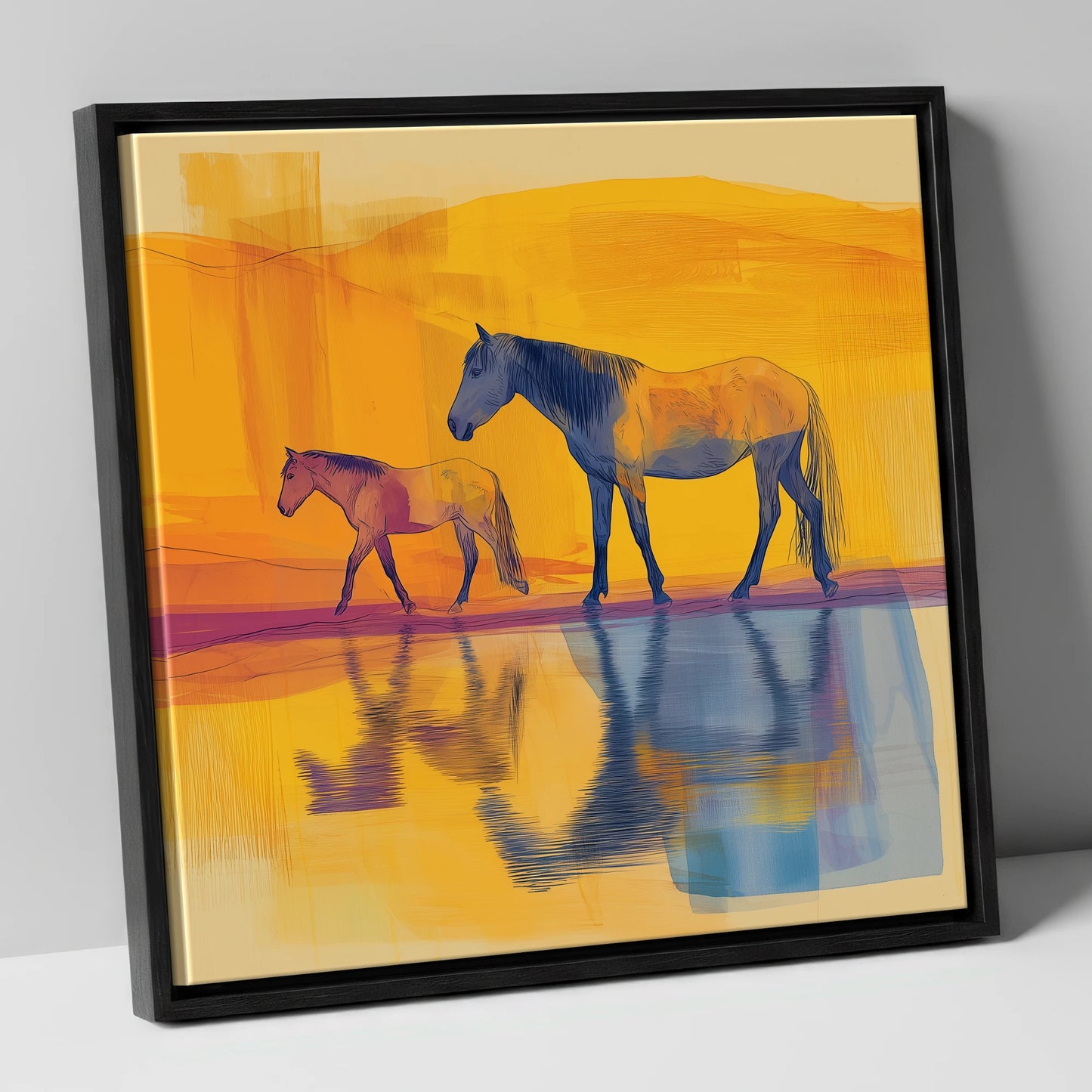 Golden Reflections horse landscape canvas wall art in black frame