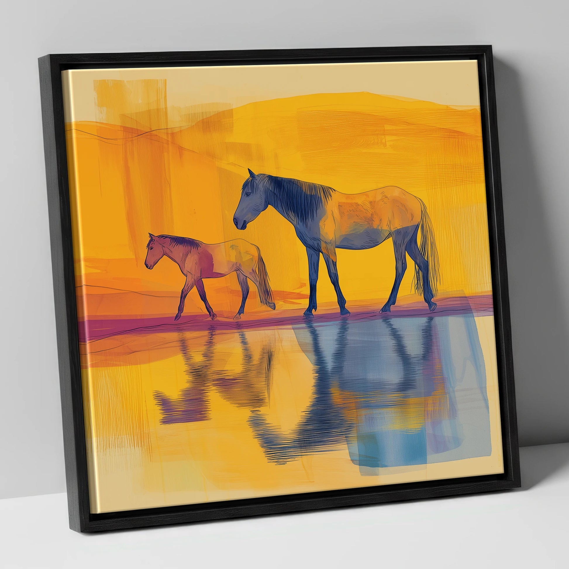 Golden Reflections horse landscape canvas wall art in black frame
