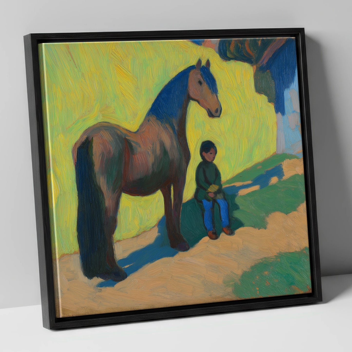 Sunlit Companionship horse & rider canvas wall art in black frame
