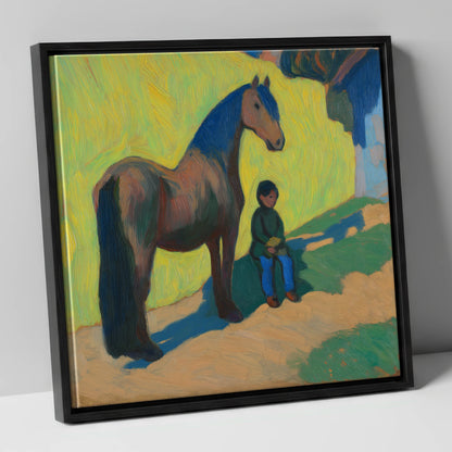 Sunlit Companionship horse & rider canvas wall art in black frame