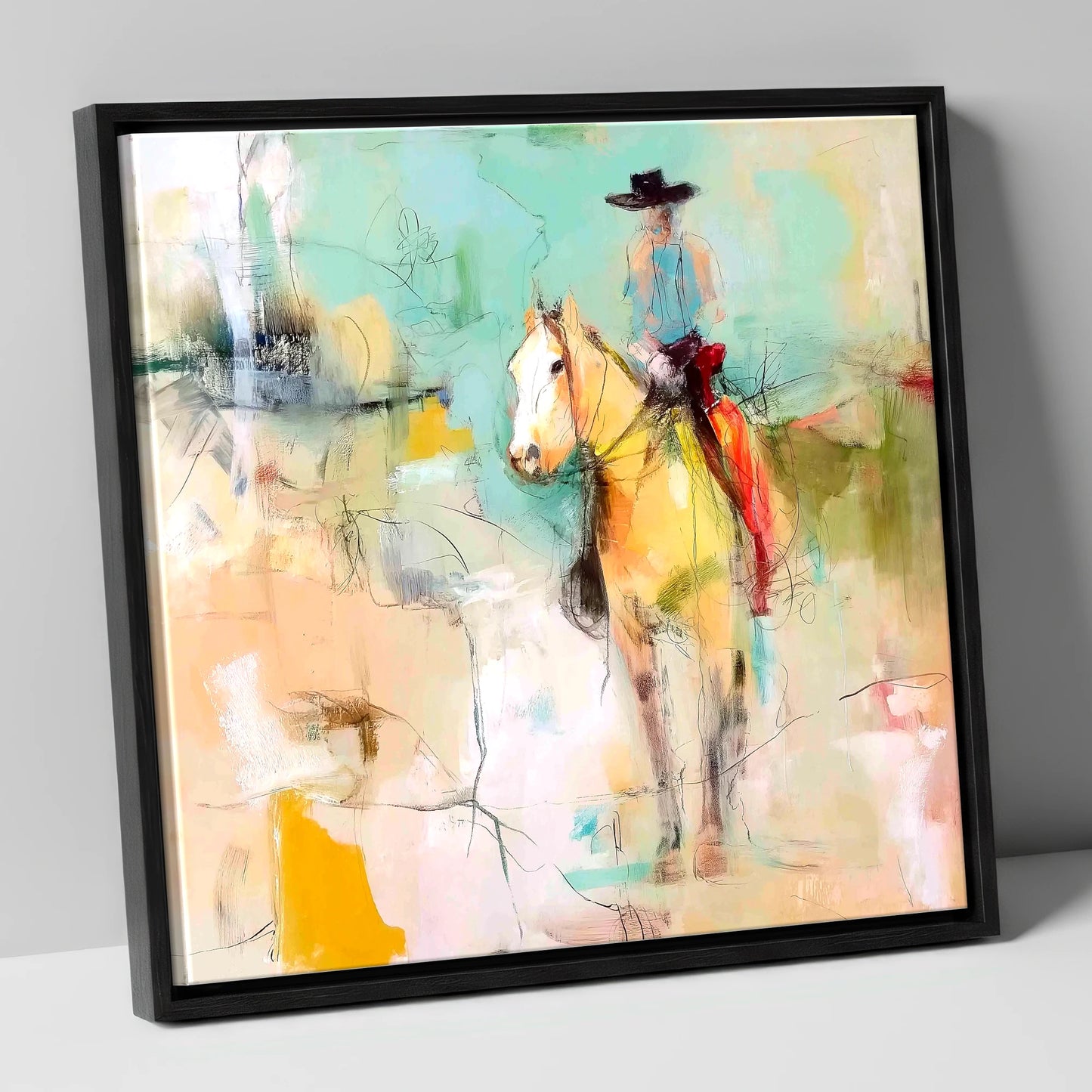 Painted Western Silhouette western horse canvas wall art in black frame