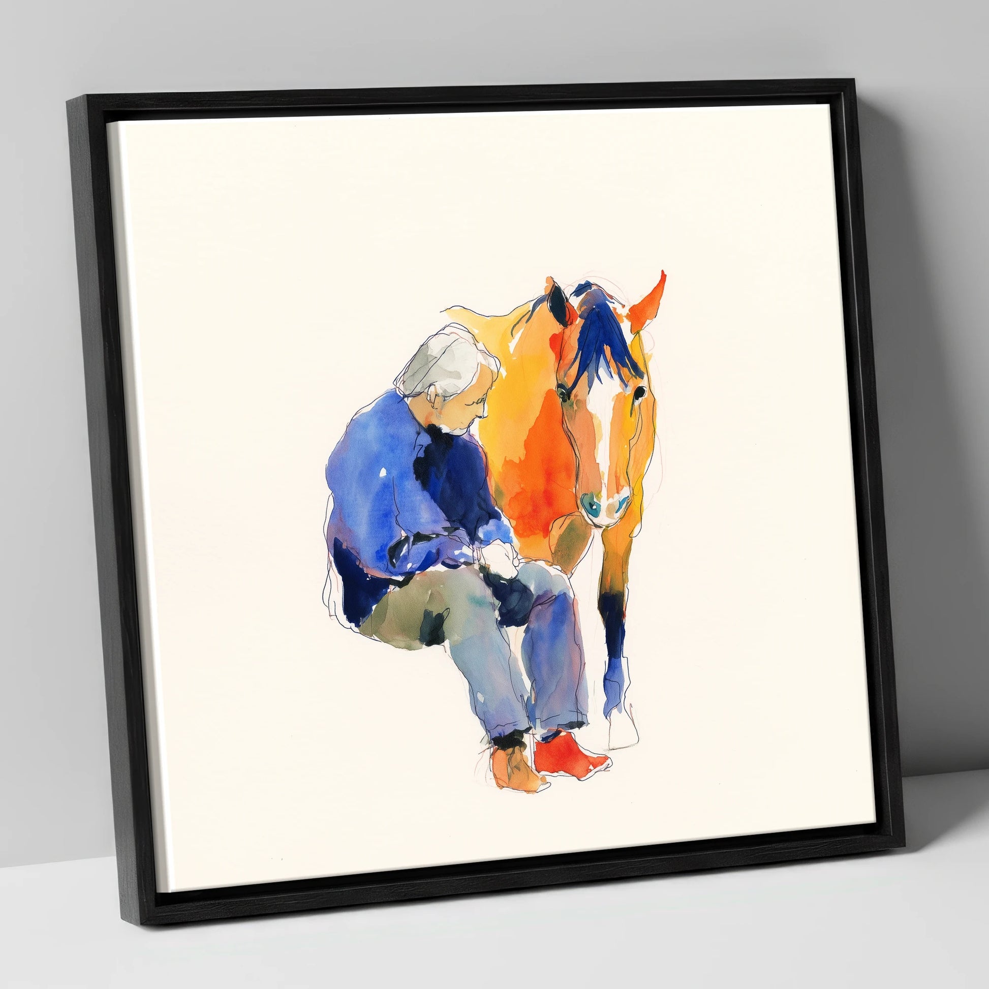 Shared Silence horse & rider canvas wall art in black frame