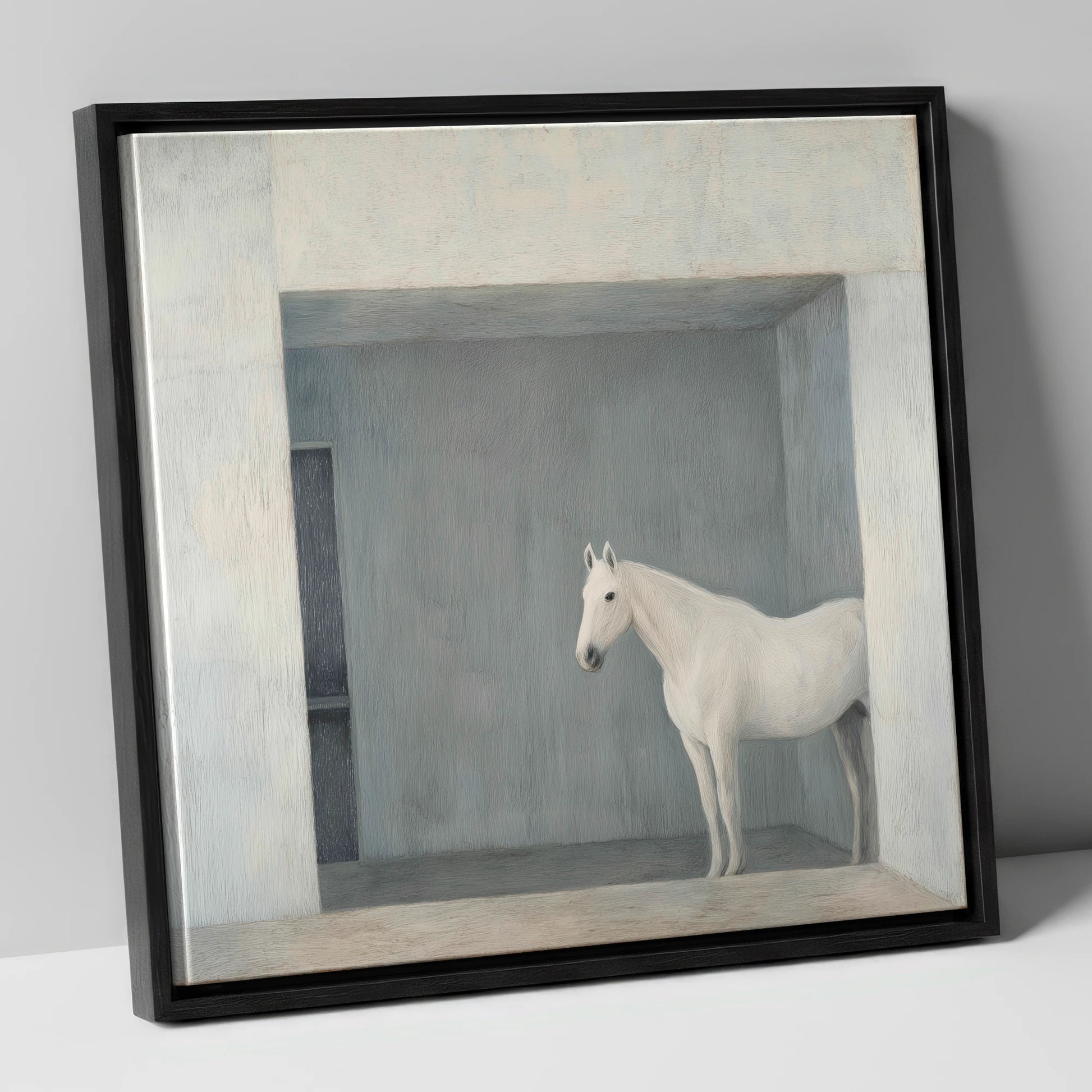 The Quiet Stall horse stable canvas wall art in black frame