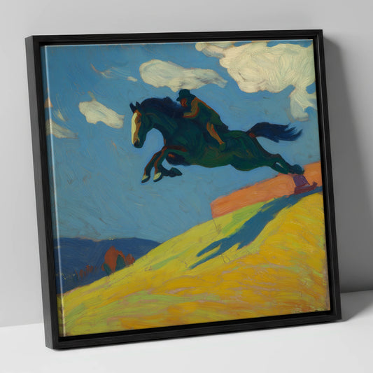 Airborne Splendour show jumping horse canvas wall art in black frame