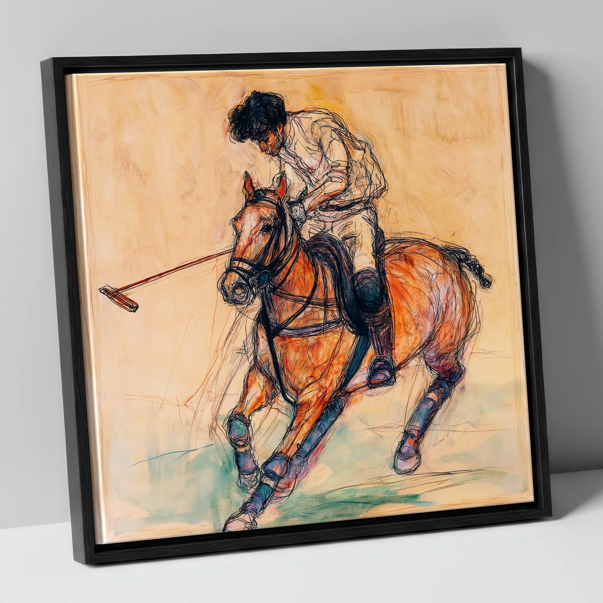 Heat of the Chukka polo horse canvas wall art in black frame