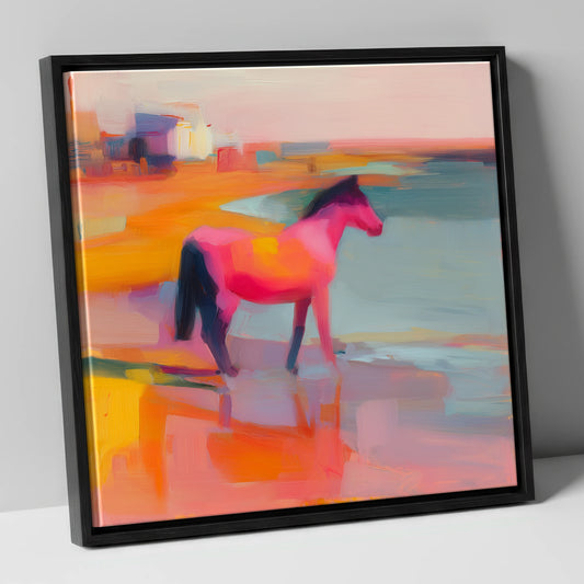 Vibrant Coastal Mirage horse landscape canvas wall art in black frame