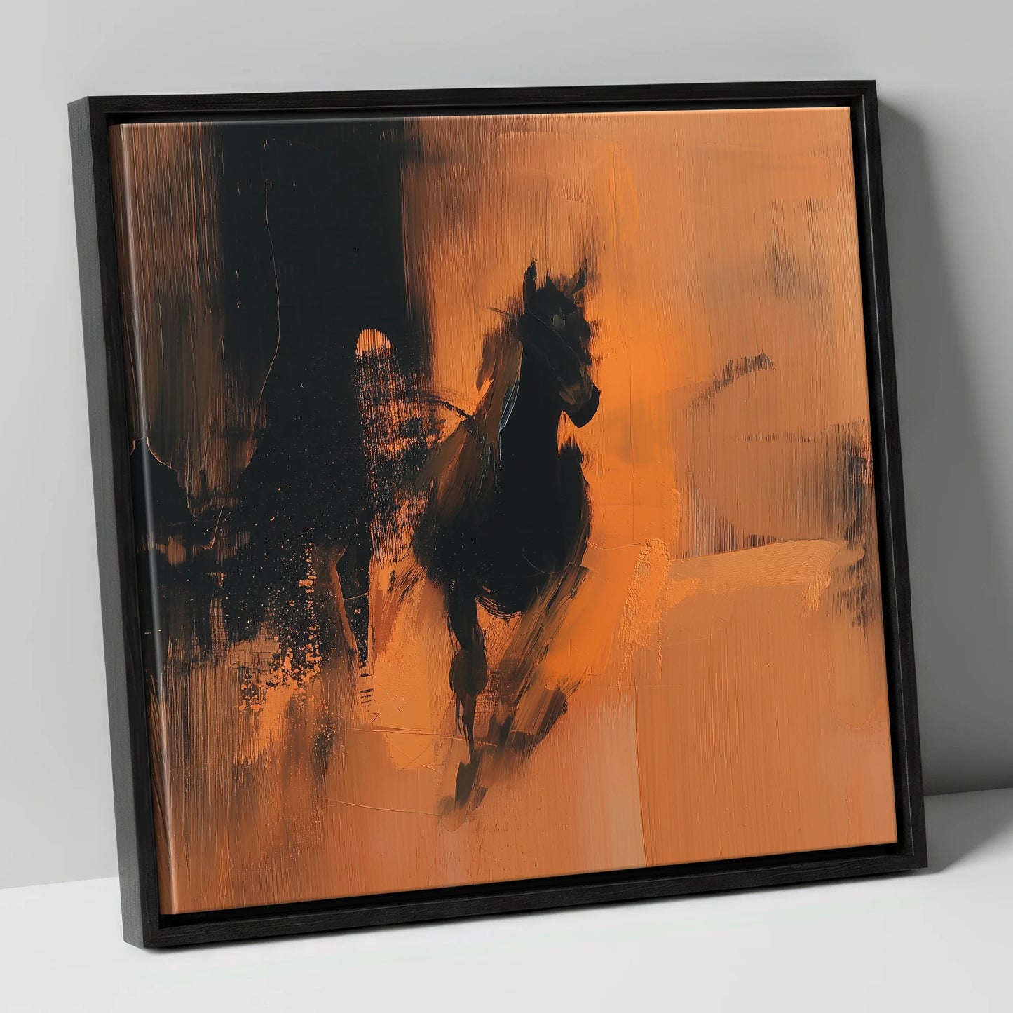 Shadow and Ember horse portrait canvas wall art in black frame