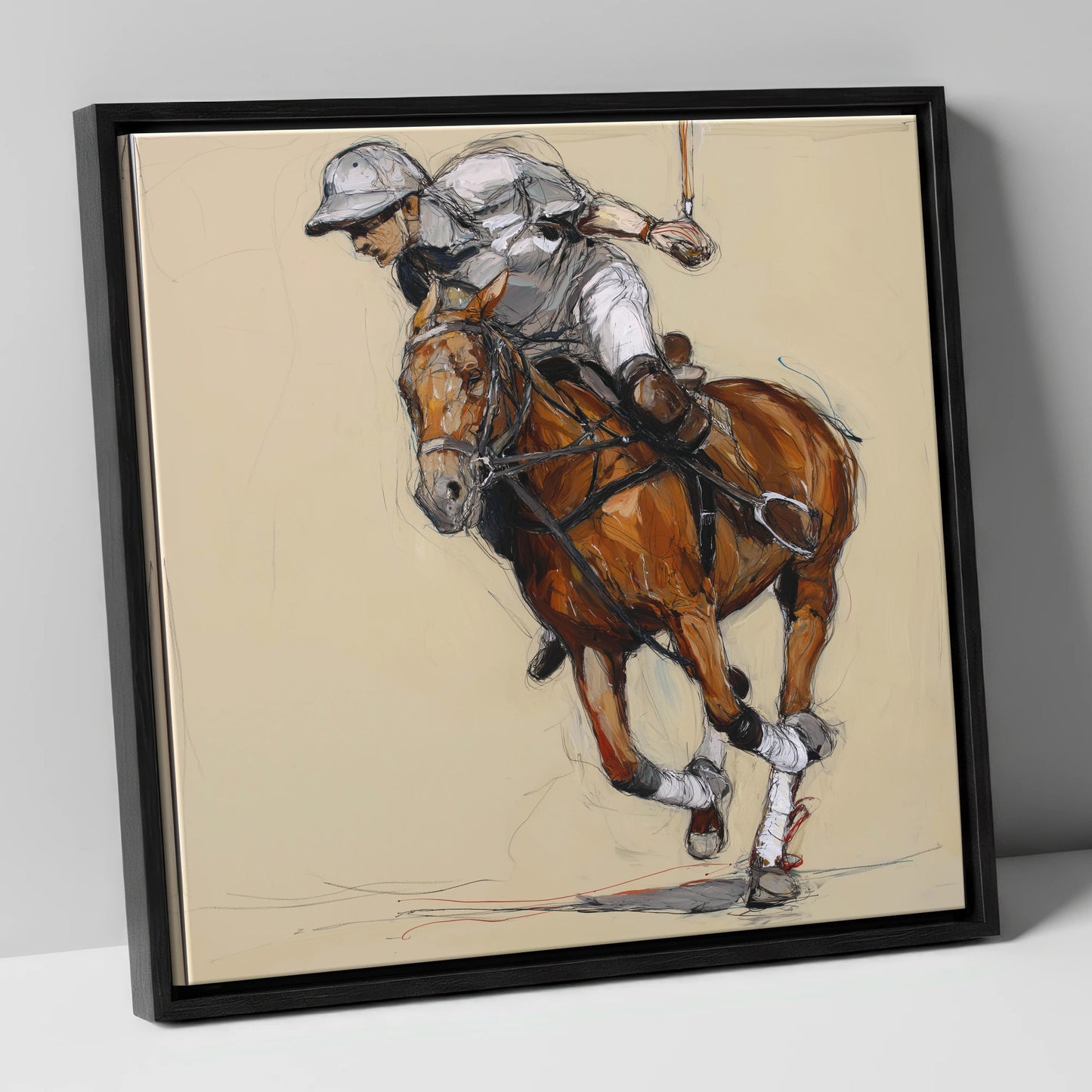 The Decisive Chukka polo horse canvas wall art in black frame