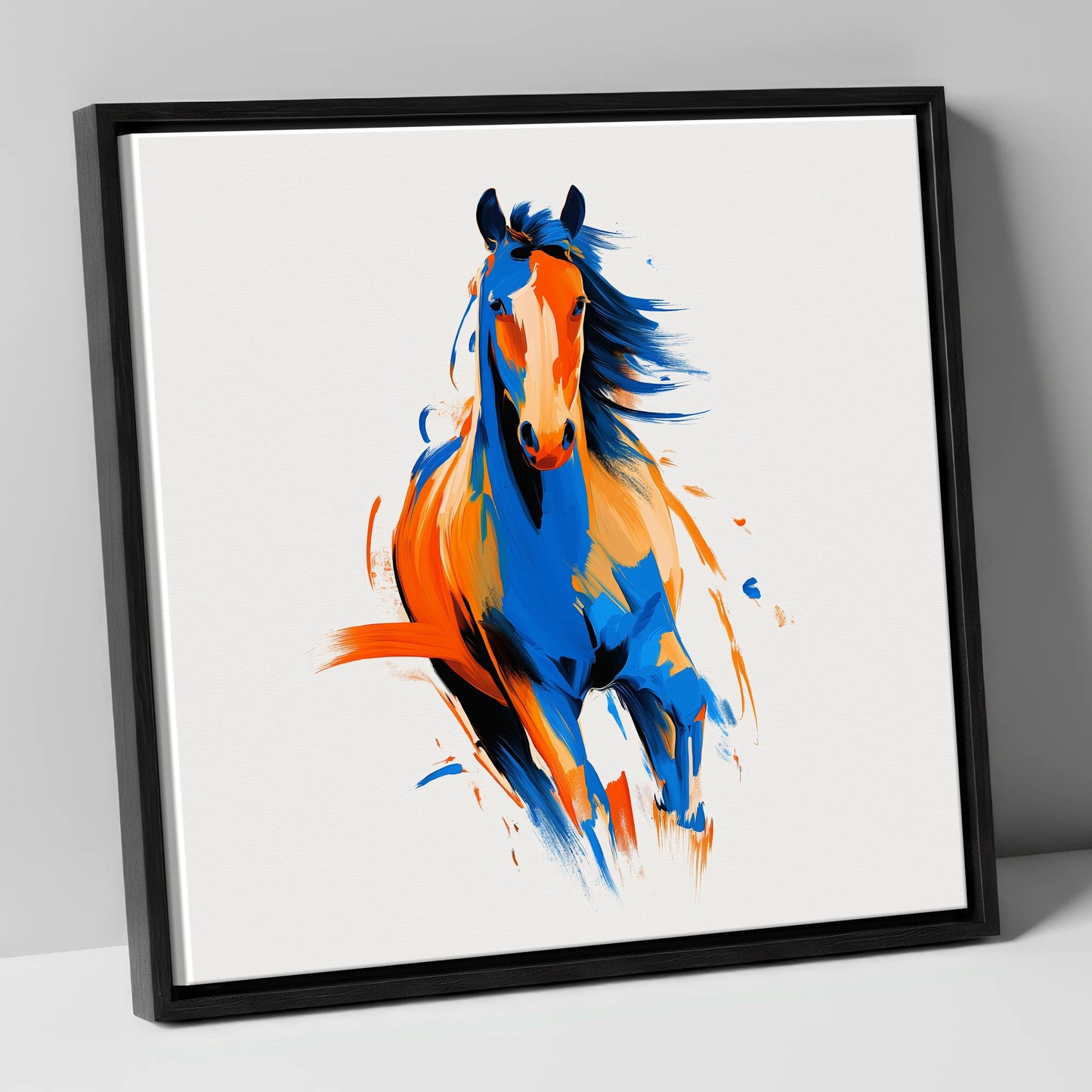 Vivid Cobalt Canter horse portrait canvas wall art in black frame