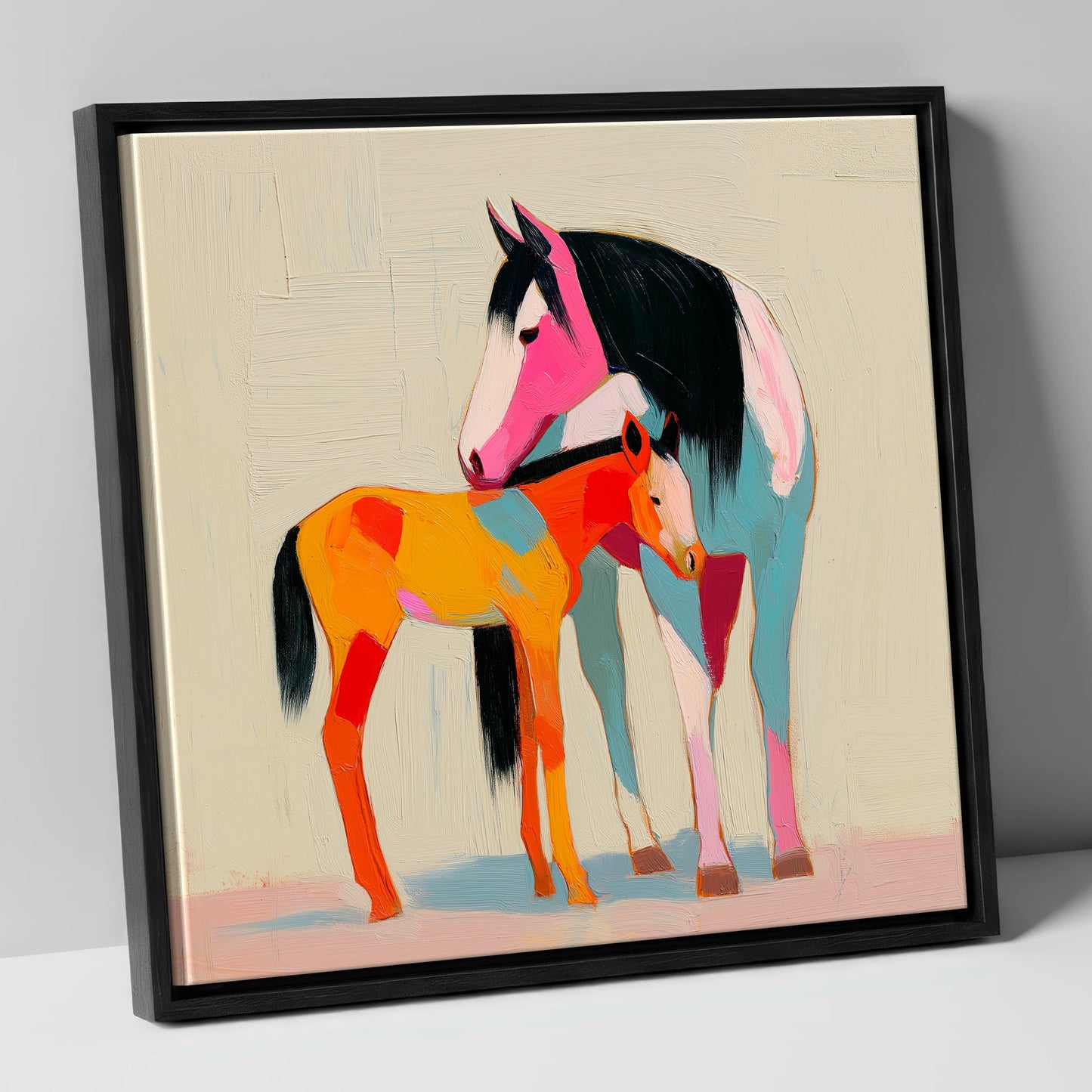 Vivid Maternal Bond mare & foal canvas wall art in black frame