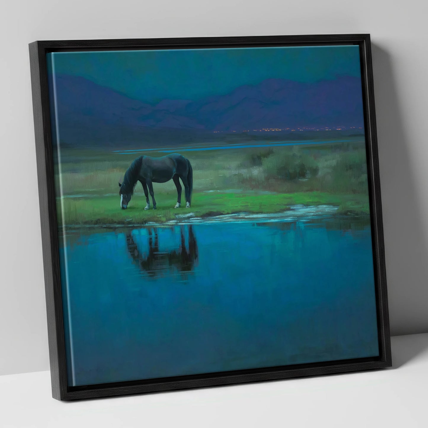 Midnight Reflection horse landscape canvas wall art in black frame