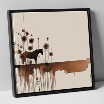 Sepia Sunflower Silhouette horse landscape canvas wall art in black frame