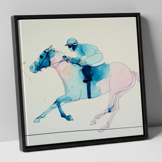 Azure Gallop racing horse canvas wall art in black frame