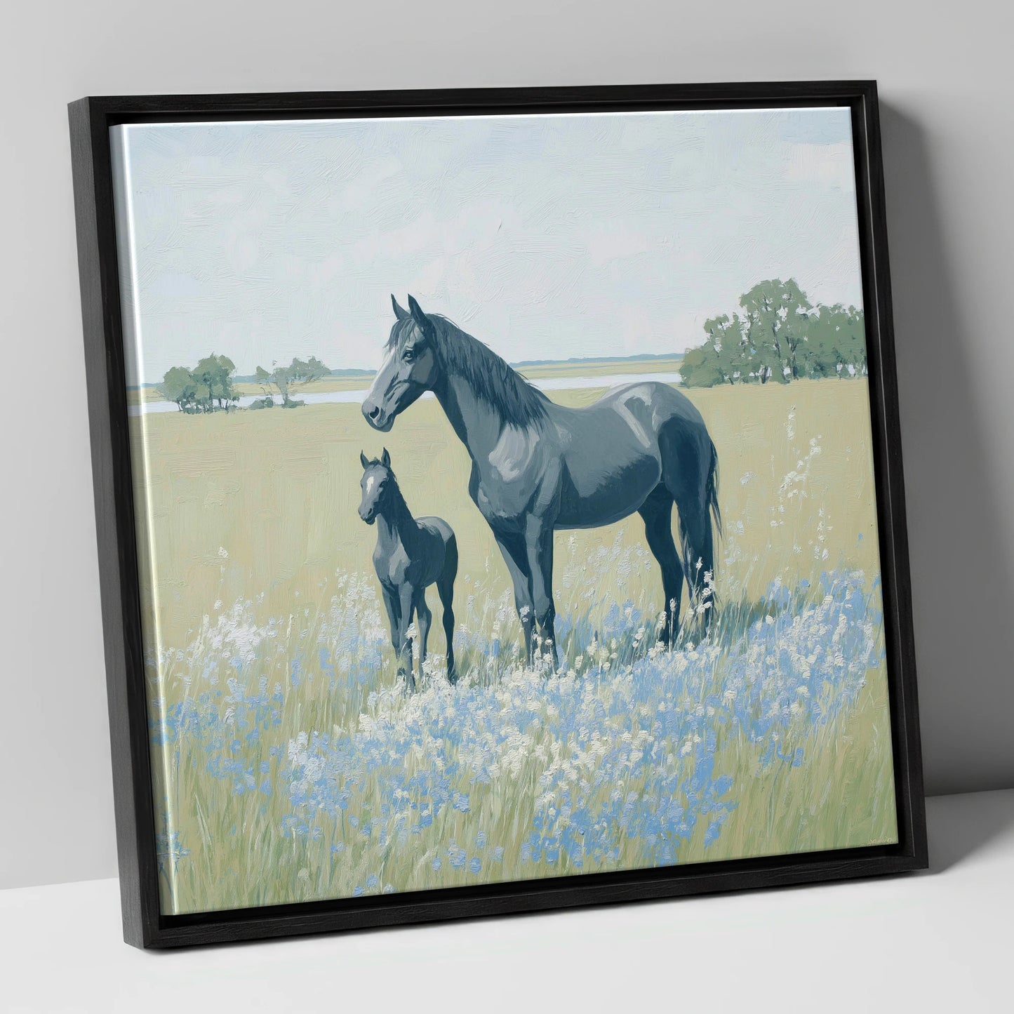 Slate Grey Summer Pasture mare & foal canvas wall art in black frame