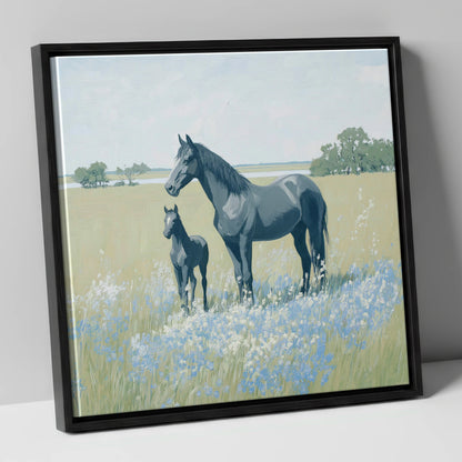 Slate Grey Summer Pasture mare & foal canvas wall art in black frame