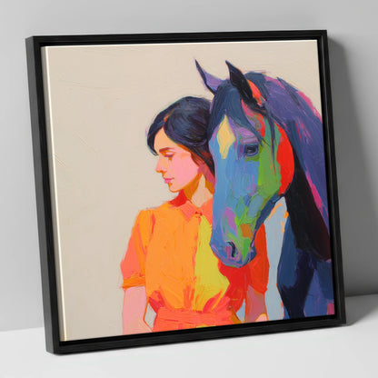 Vivid Companion horse & rider canvas wall art in black frame