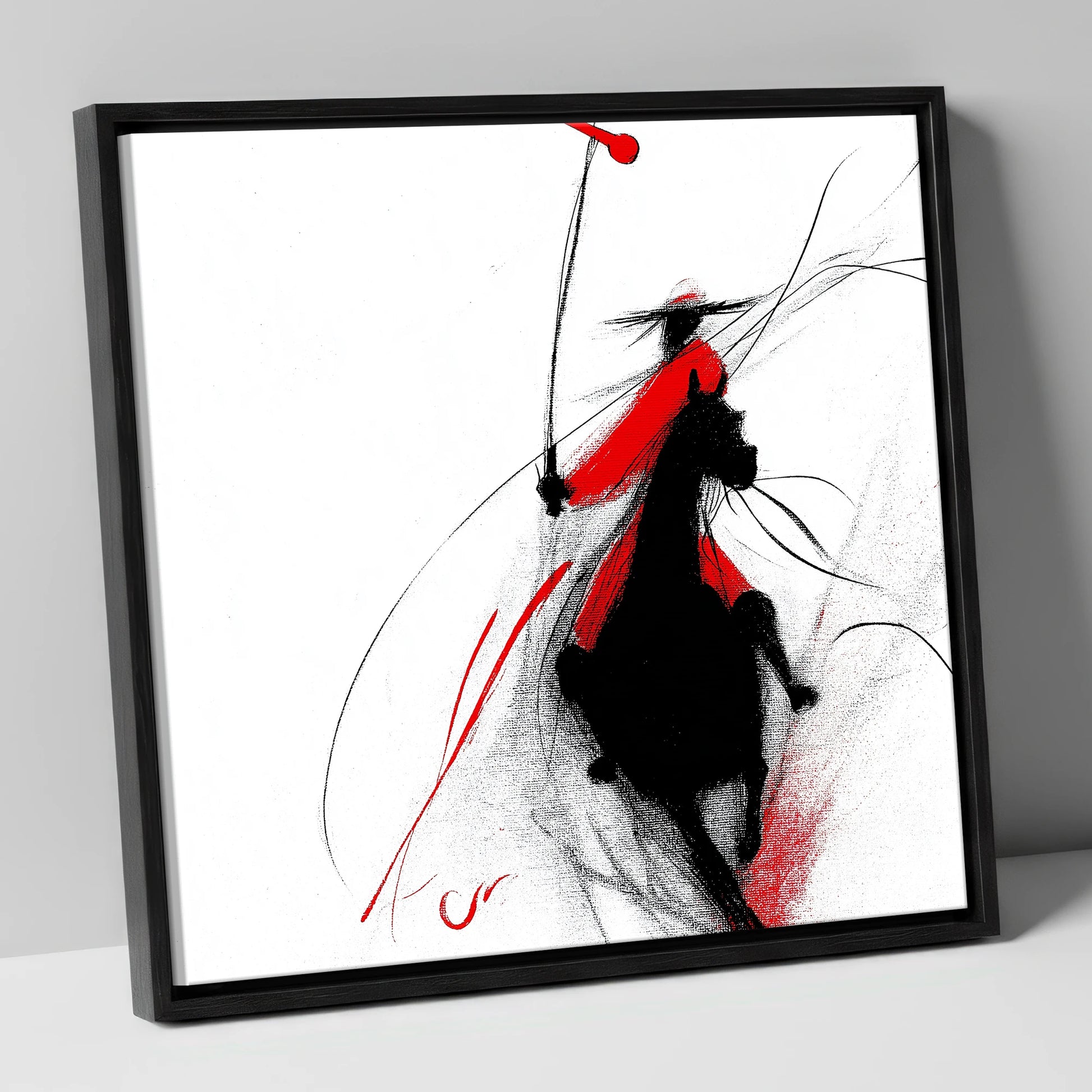 Crimson Polo Strike polo horse canvas wall art in black frame