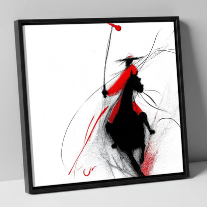 Crimson Polo Strike polo horse canvas wall art in black frame
