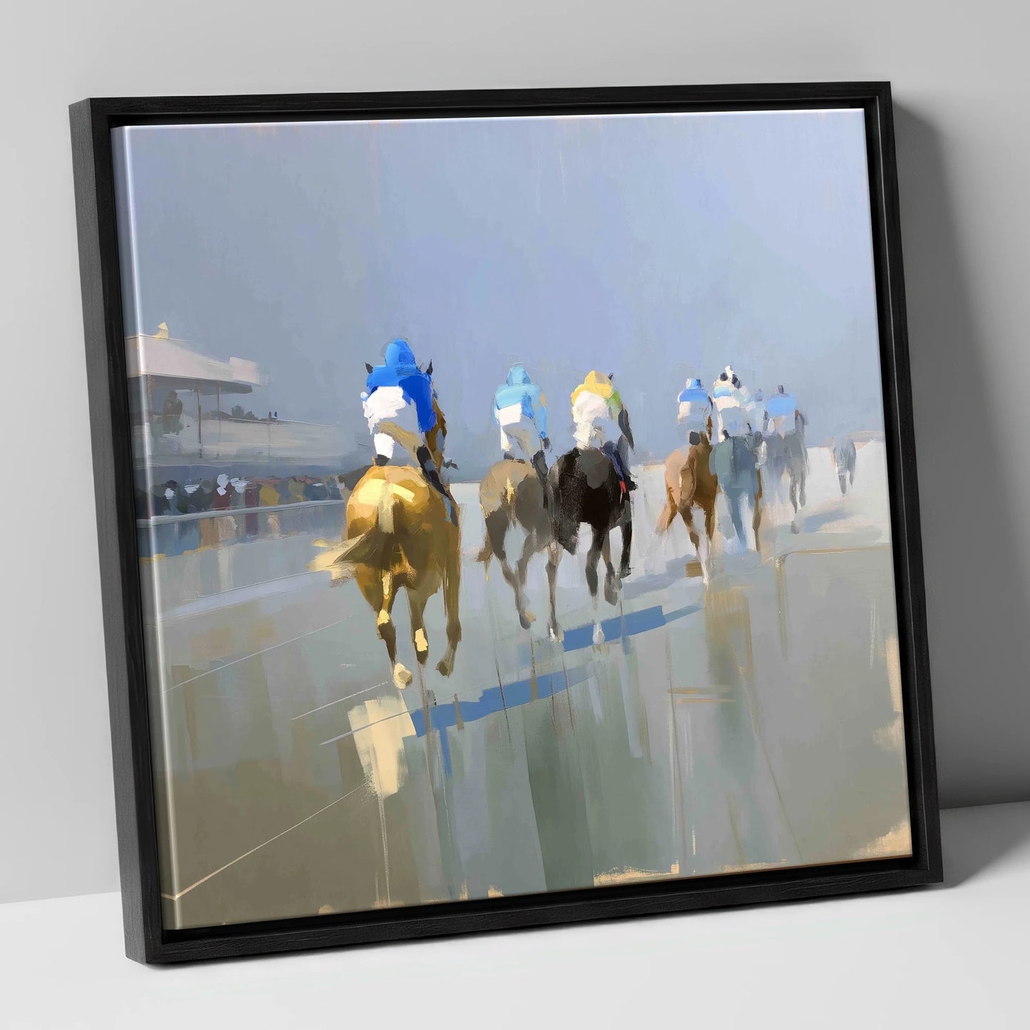Into the Mist racing horse canvas wall art in black frame