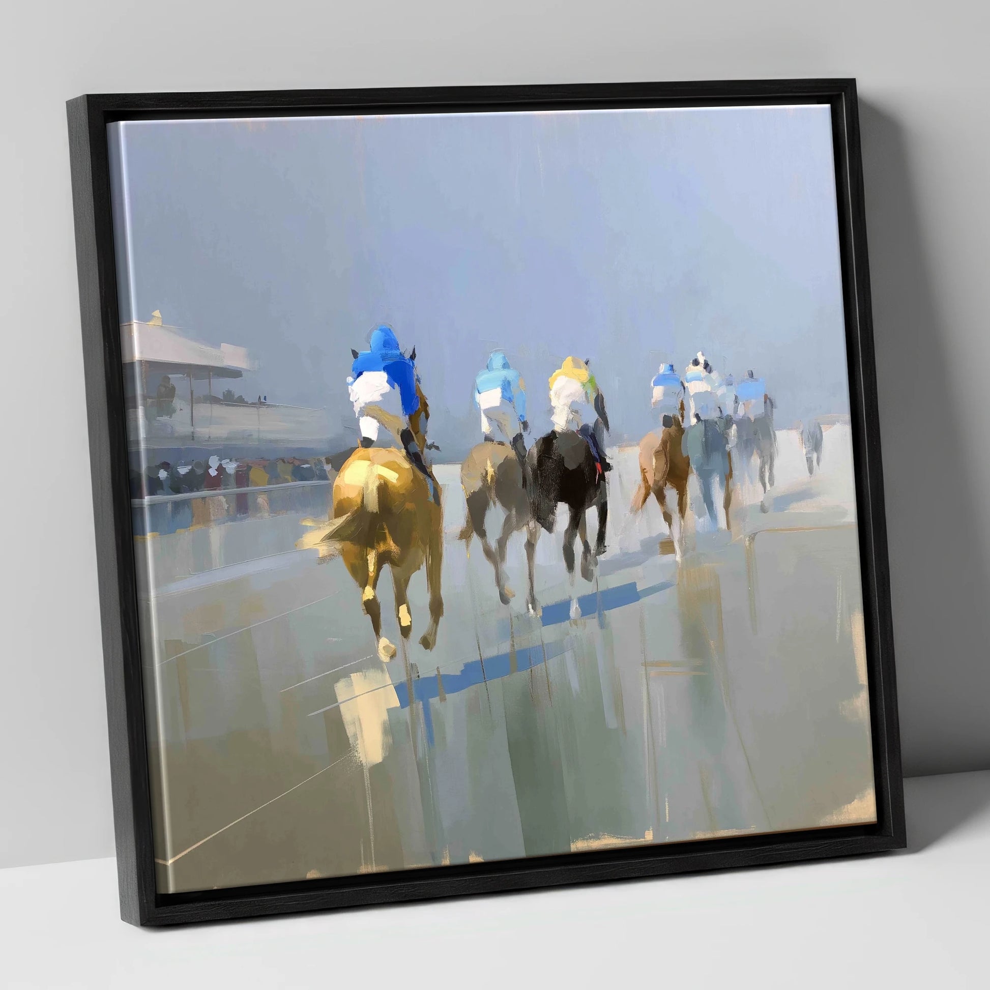 Into the Mist racing horse canvas wall art in black frame