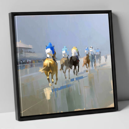 Into the Mist racing horse canvas wall art in black frame