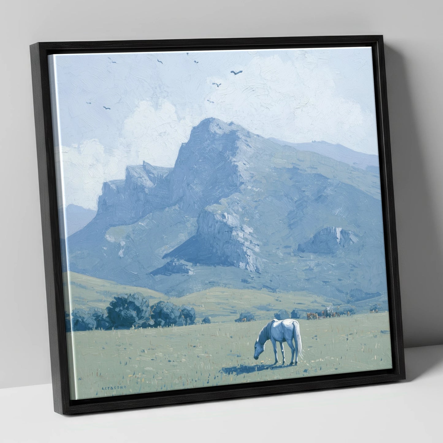Solitude Beneath the Peak horse landscape canvas wall art in black frame
