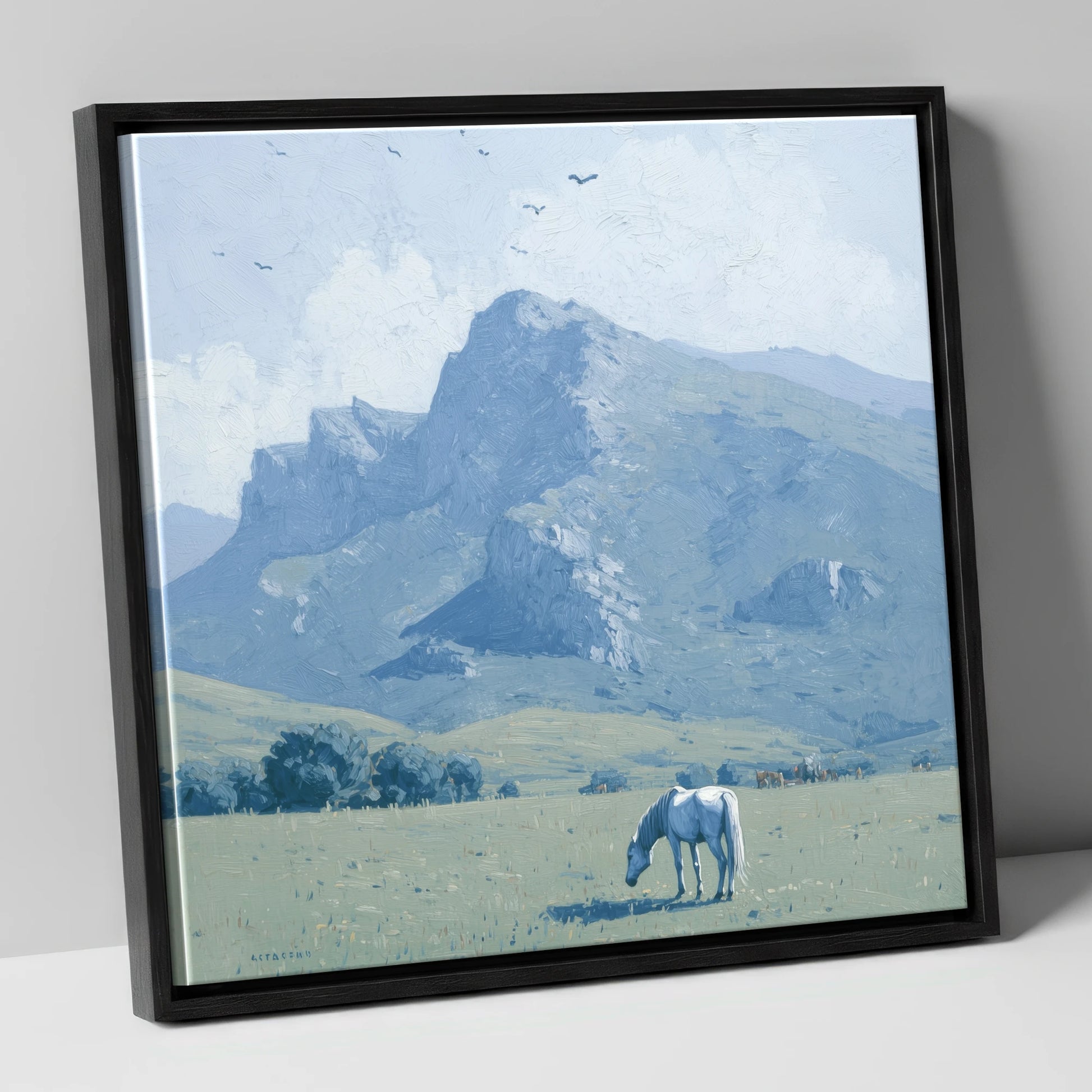 Solitude Beneath the Peak horse landscape canvas wall art in black frame