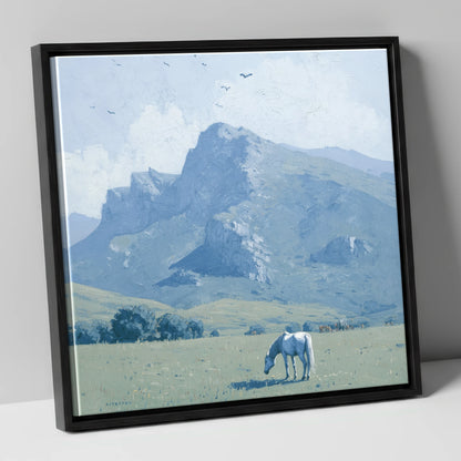 Solitude Beneath the Peak horse landscape canvas wall art in black frame