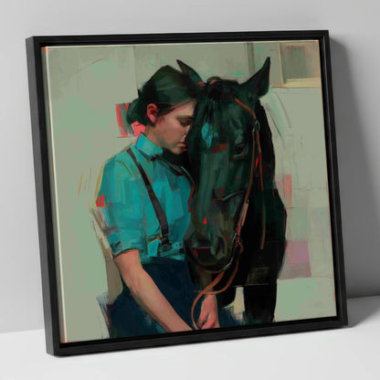 A Quiet Understanding horse & rider canvas wall art in black frame