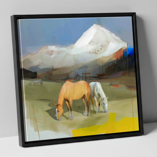 Grazing Beneath the Peaks horse landscape canvas wall art in black frame