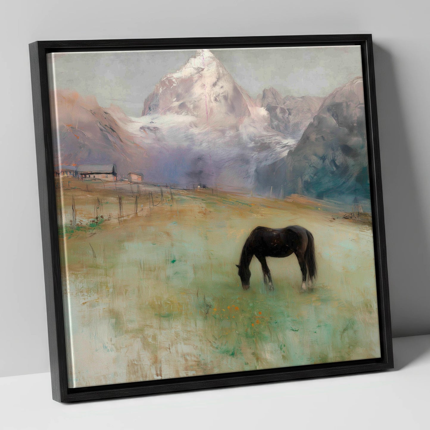 Alpine Pasture Solitude horse landscape canvas wall art in black frame