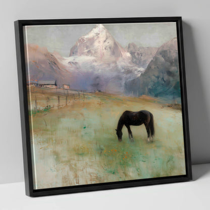 Alpine Pasture Solitude horse landscape canvas wall art in black frame