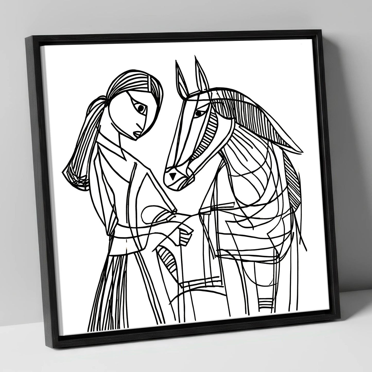 Lines of Connection horse & rider canvas wall art in black frame