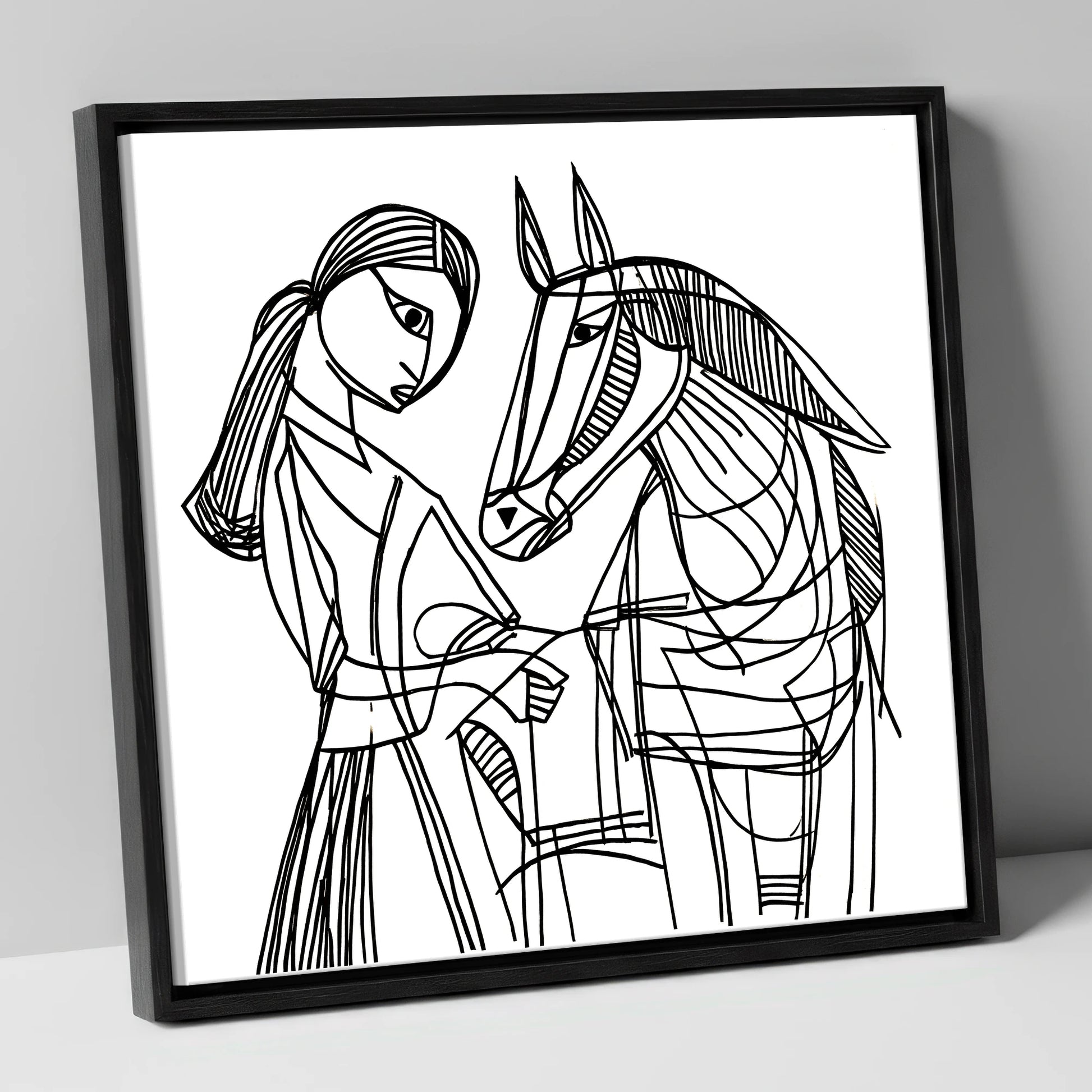 Lines of Connection horse & rider canvas wall art in black frame