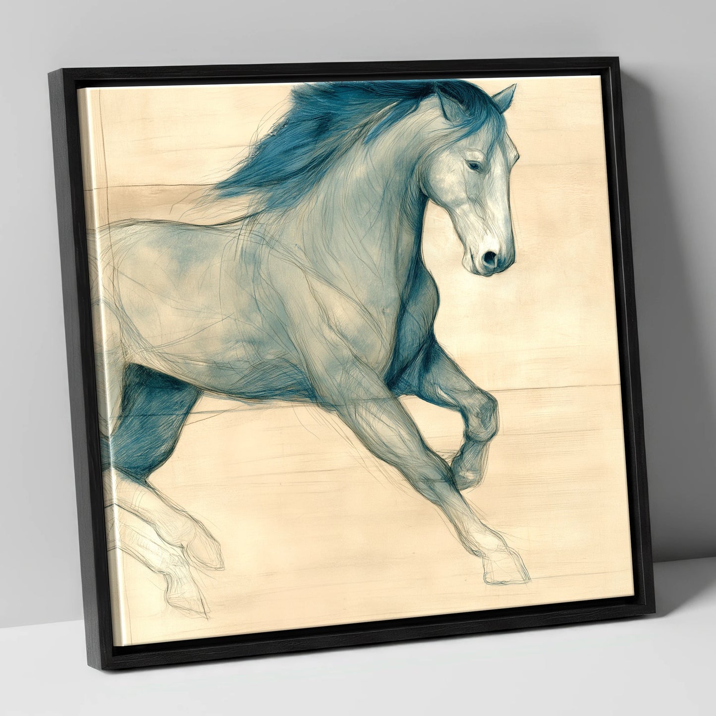 Teal Equine Study horse portrait canvas wall art in black frame