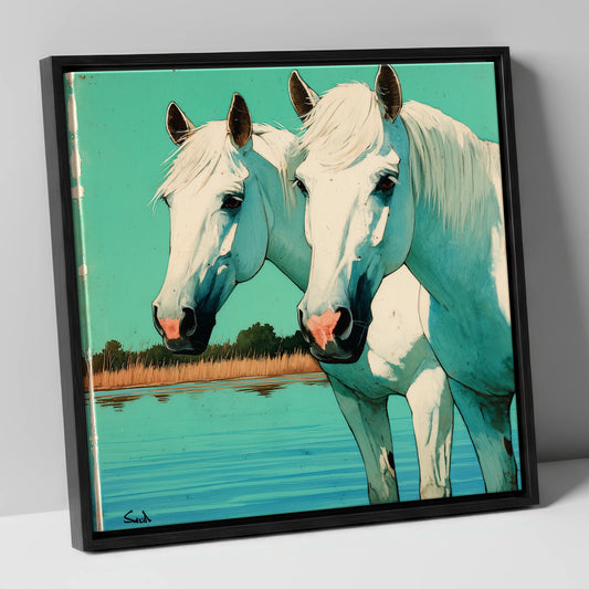 Companions in Teal Waters horse landscape canvas wall art in black frame