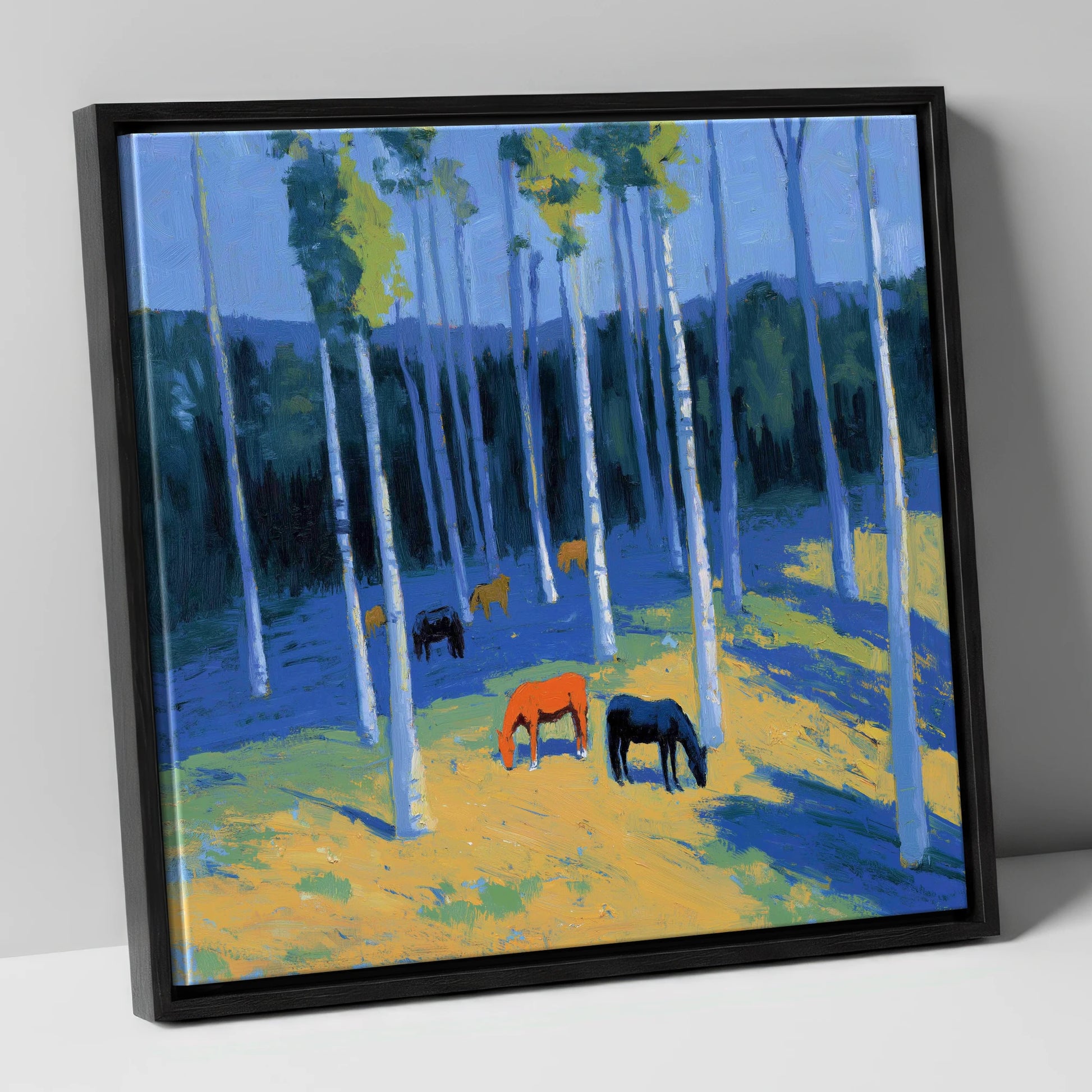 Golden Light in the Azure Grove horse landscape canvas wall art in black frame