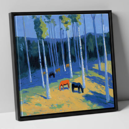 Golden Light in the Azure Grove horse landscape canvas wall art in black frame
