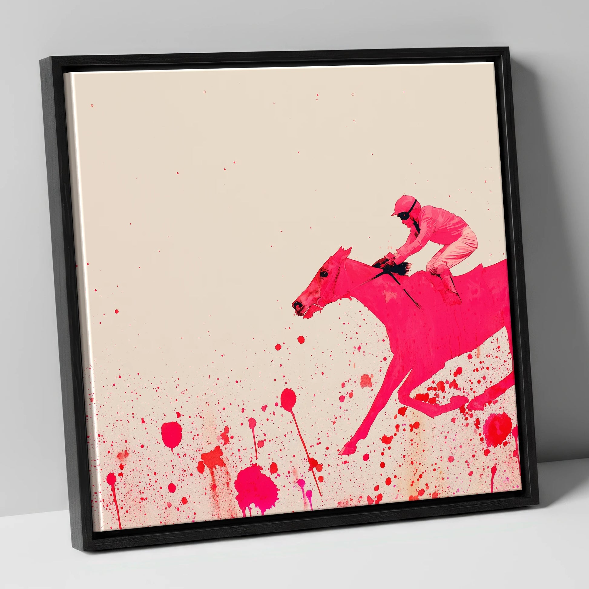 Velocity in Magenta racing horse canvas wall art in black frame