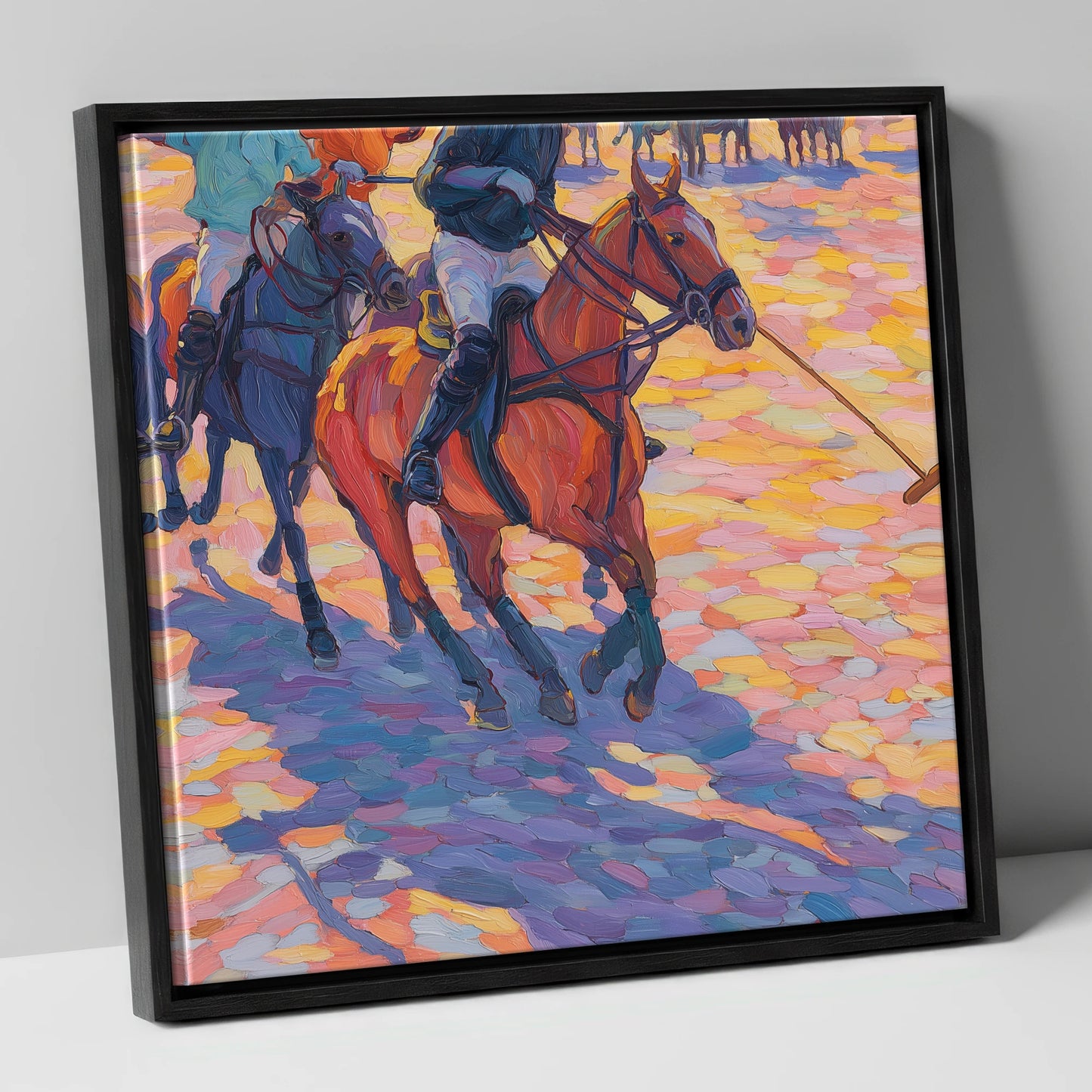 Sunset Chukka Shadows polo horse canvas wall art in black frame