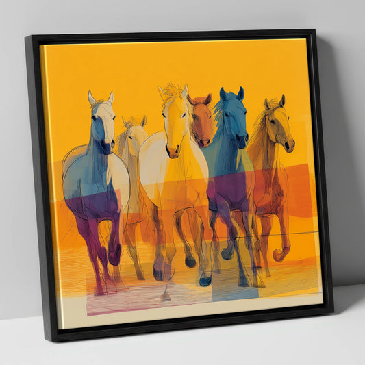 The Vibrant Herd horse landscape canvas wall art in black frame