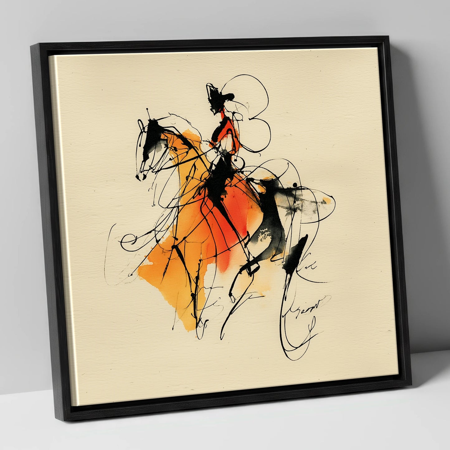 Harmony in Amber dressage horse canvas wall art in black frame
