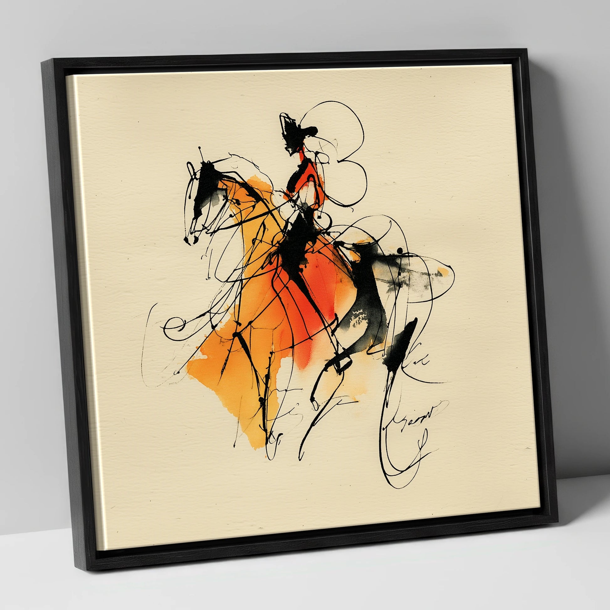 Harmony in Amber dressage horse canvas wall art in black frame