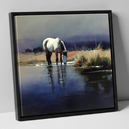 Indigo Reflections horse landscape canvas wall art in black frame