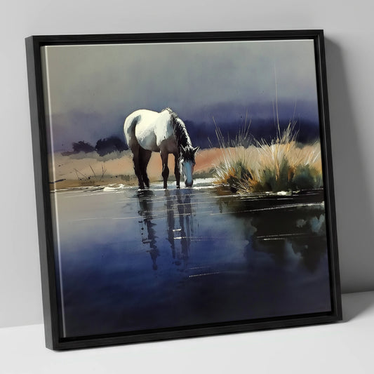 Indigo Reflections horse landscape canvas wall art in black frame