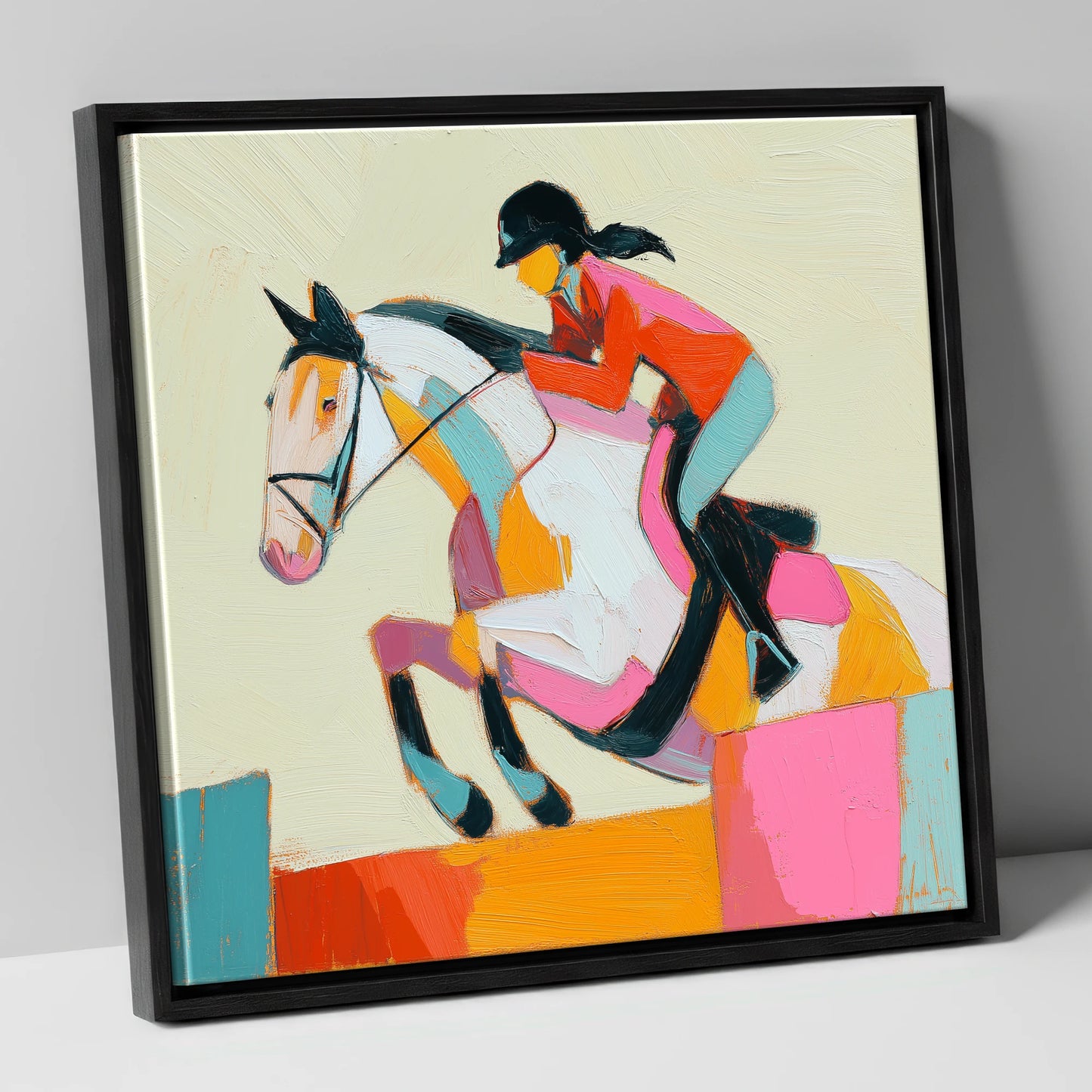 Painted Flight show jumping horse canvas wall art in black frame