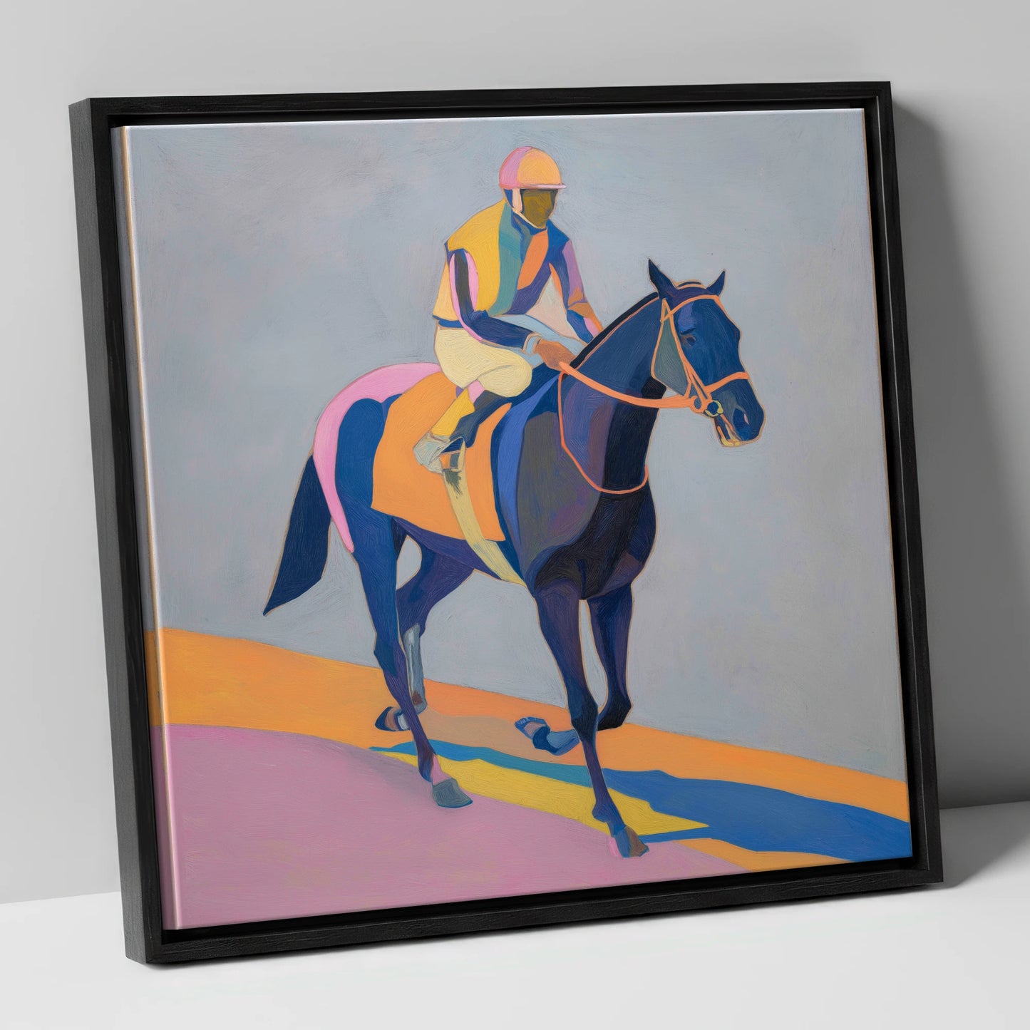 Colours To The Post racing horse canvas wall art in black frame