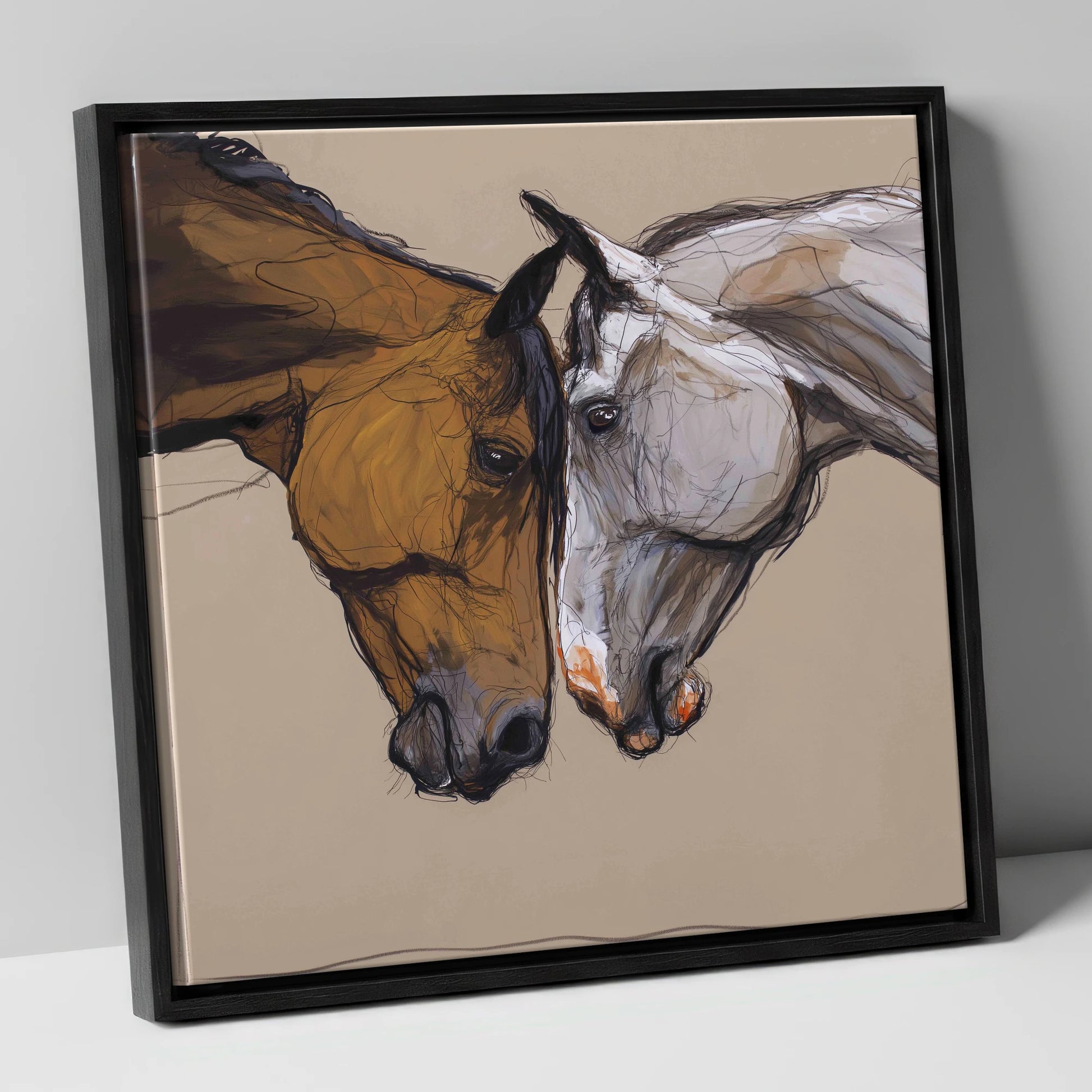Kindred Spirits horse portrait canvas wall art in black frame