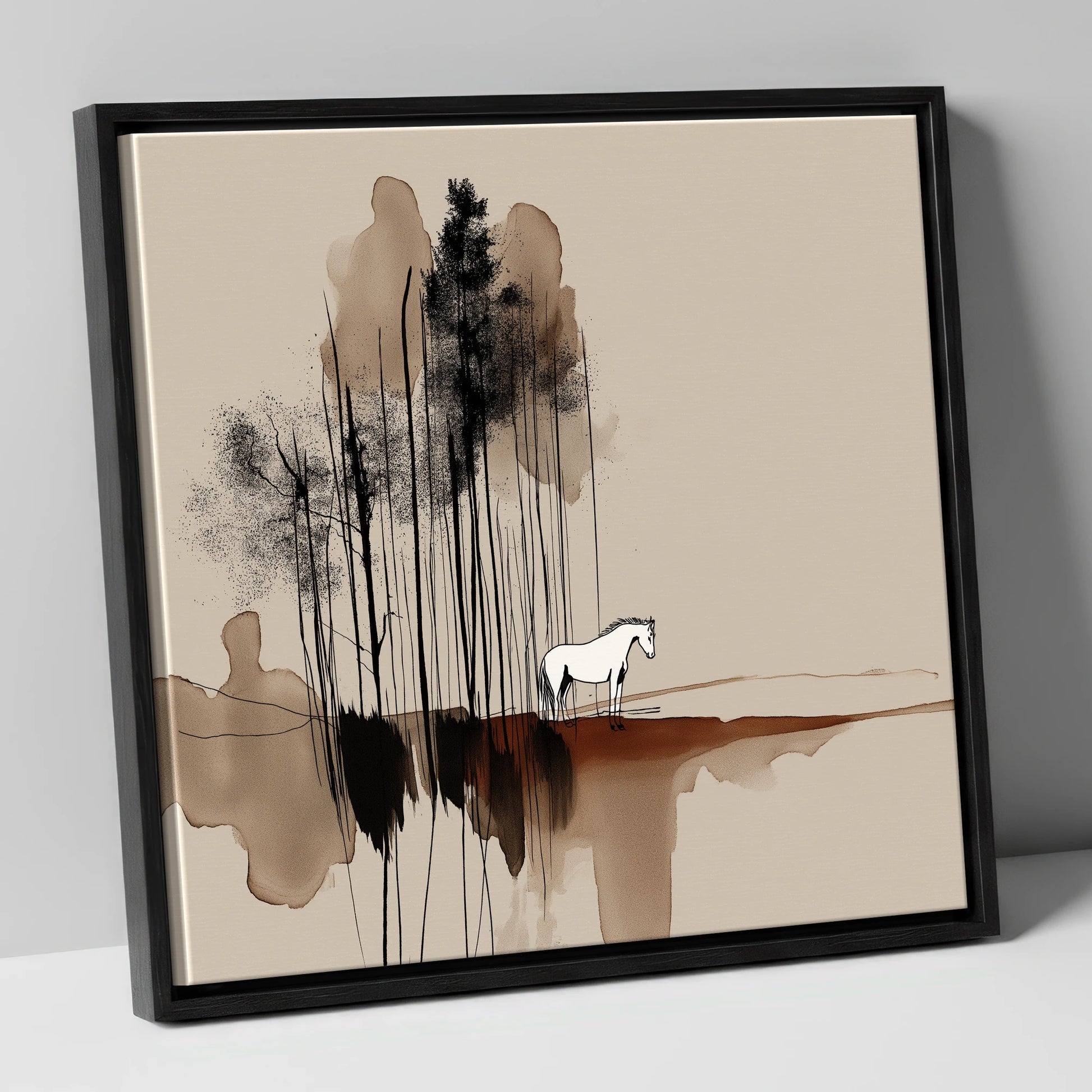 Sepia Solitude horse landscape canvas wall art in black frame
